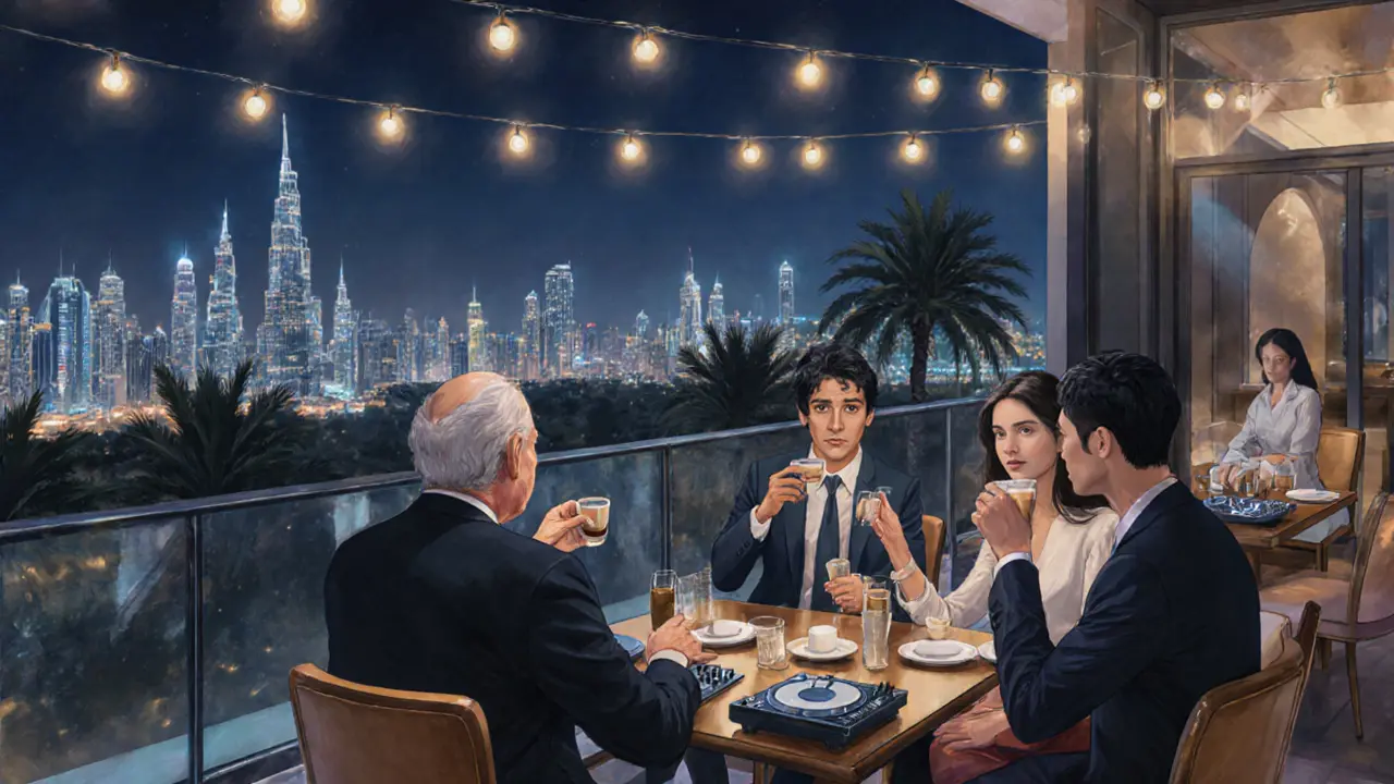 A diverse group enjoys a quiet rooftop dinner in Jumeirah with a companion, overlooking Dubai’s glittering skyline.
