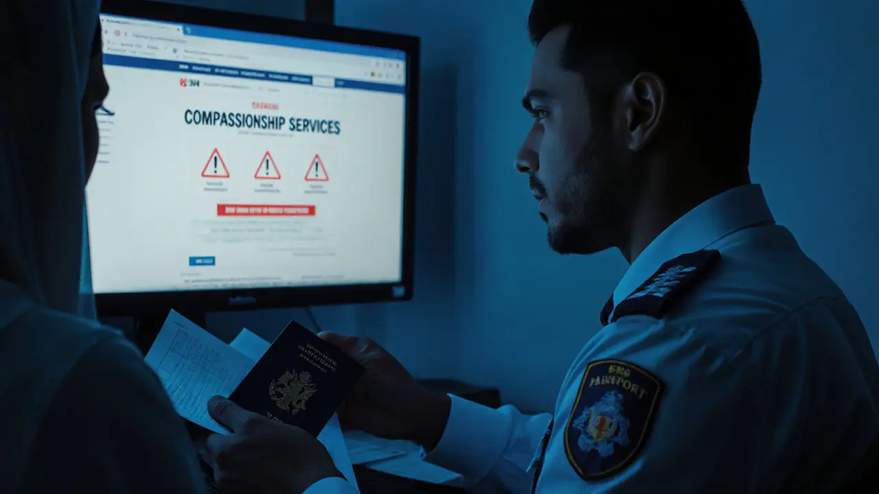 A foreign visitor stands nervously in a Dubai police station, holding his passport as an officer reviews a flagged online ad.