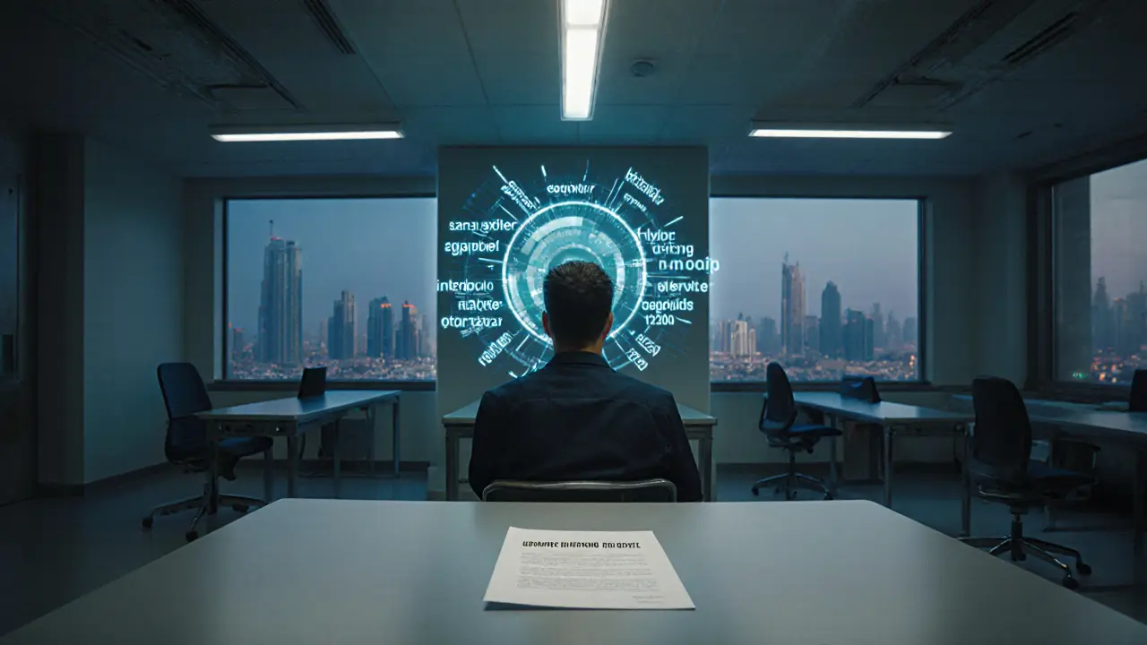 A foreigner sits alone in a Dubai police station, facing an AI dashboard displaying illegal keywords and a deportation order.