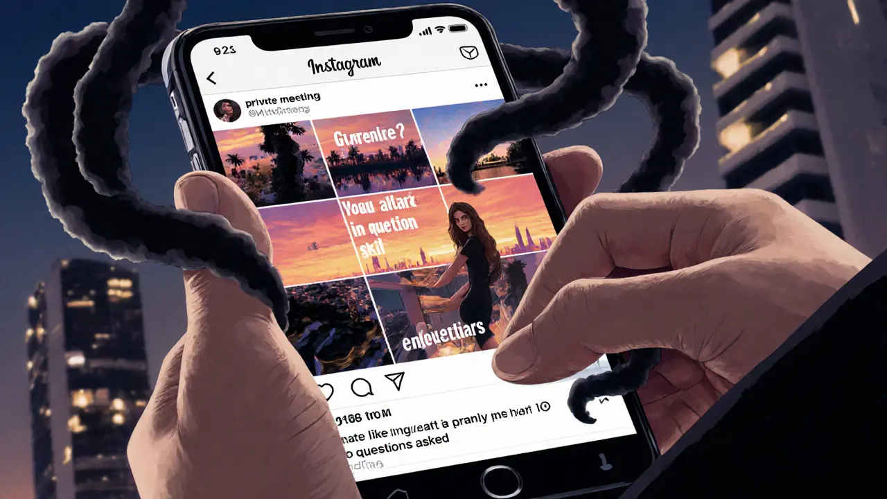 A glamorous Instagram profile fades into dark shadows as a man reaches for his phone, symbolizing online deception in Dubai.