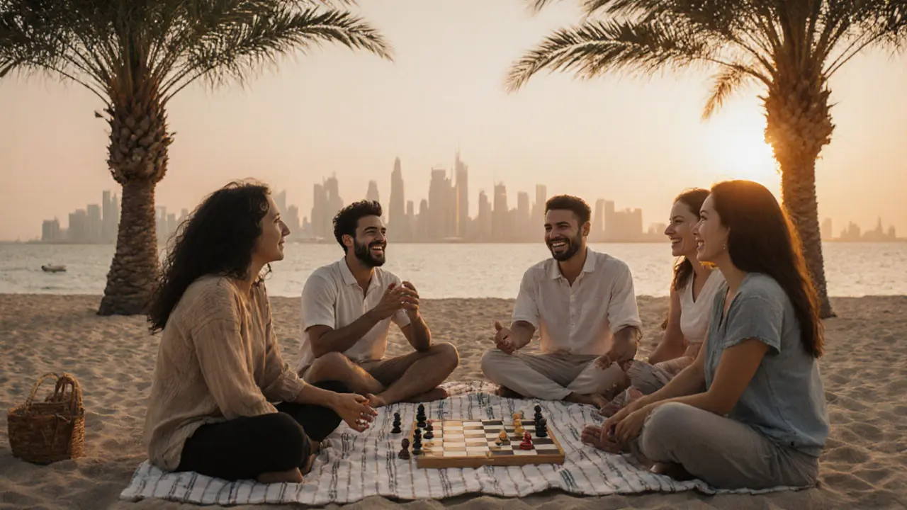 A group of expats enjoying a peaceful sunset on a Dubai beach, engaging in casual, friendly activities without any commercial context.