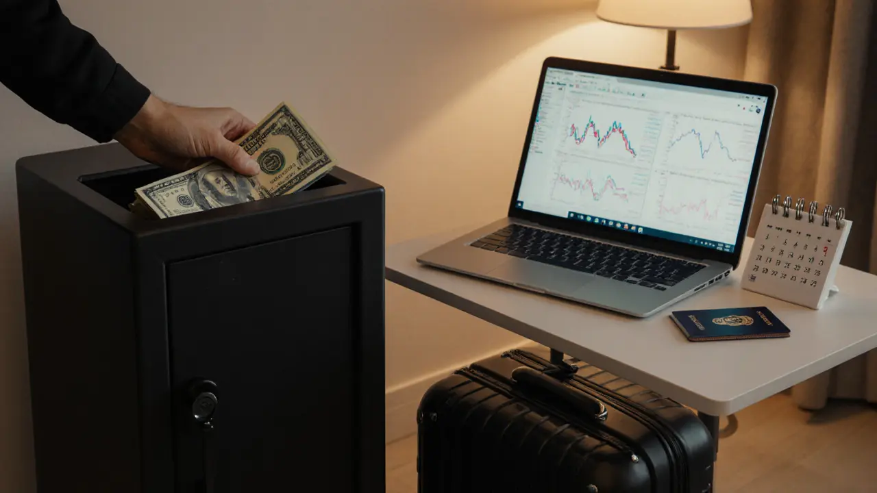 A hand placing cash into a safe, with a laptop showing crypto charts in a minimalist Dubai apartment.