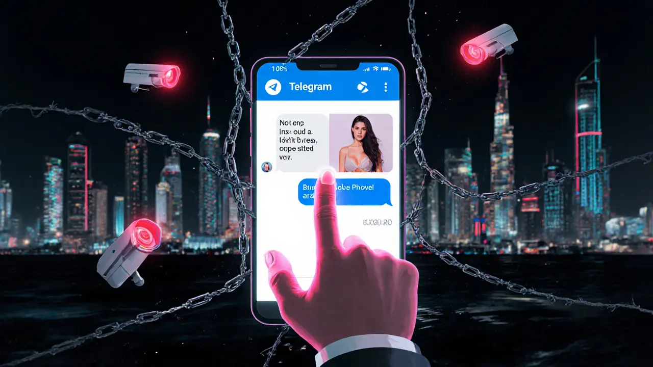 A hand reaches for a messaging app screen that transforms into police sirens and chains over Dubai’s skyline.