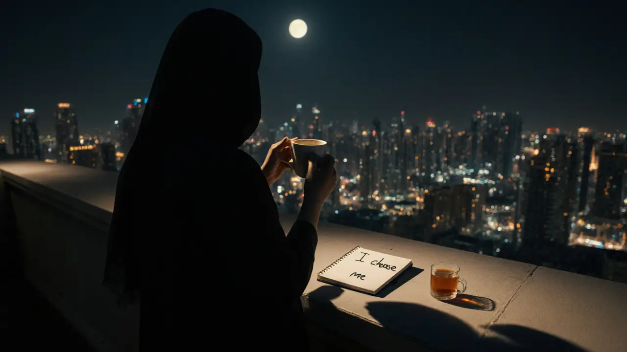 A lone person on a Dubai rooftop at night, reflecting quietly under the city lights.