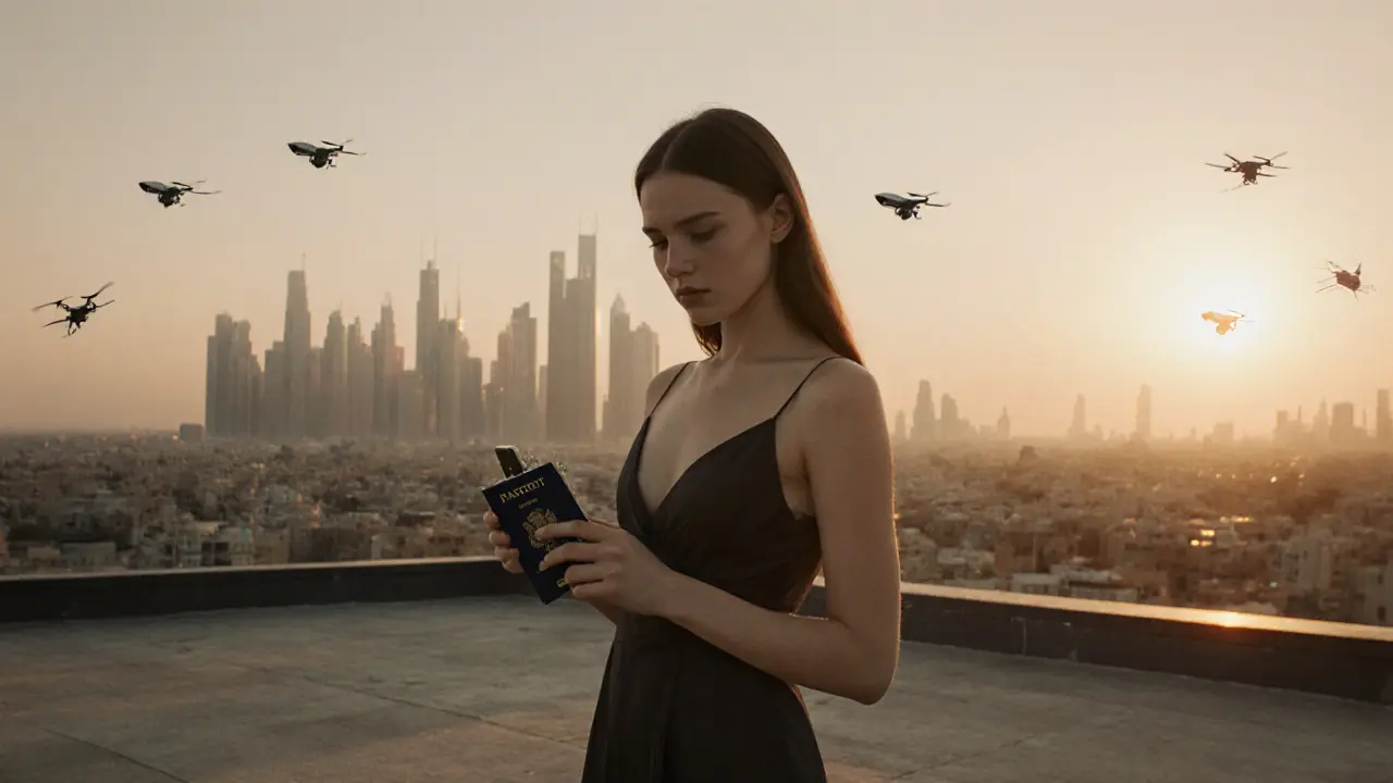 A lonely woman on a Dubai rooftop at dawn, holding a broken phone and passport, with the city skyline behind her.