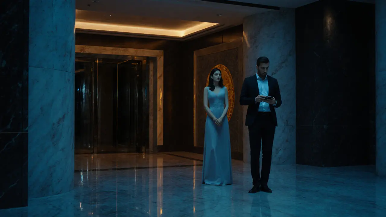 A man and woman meeting cautiously in a Dubai hotel lobby at night.