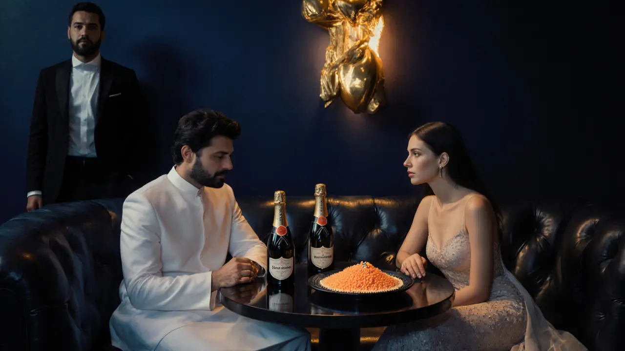 A man in white kandura and woman in Dior gown sharing quiet time at a luxury table with champagne and caviar inside the exclusive club.