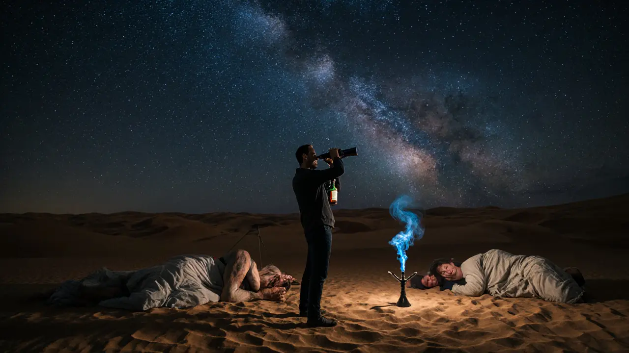 A man stargazing through a telescope in the Dubai desert, whiskey bottle beside him, Milky Way overhead.
