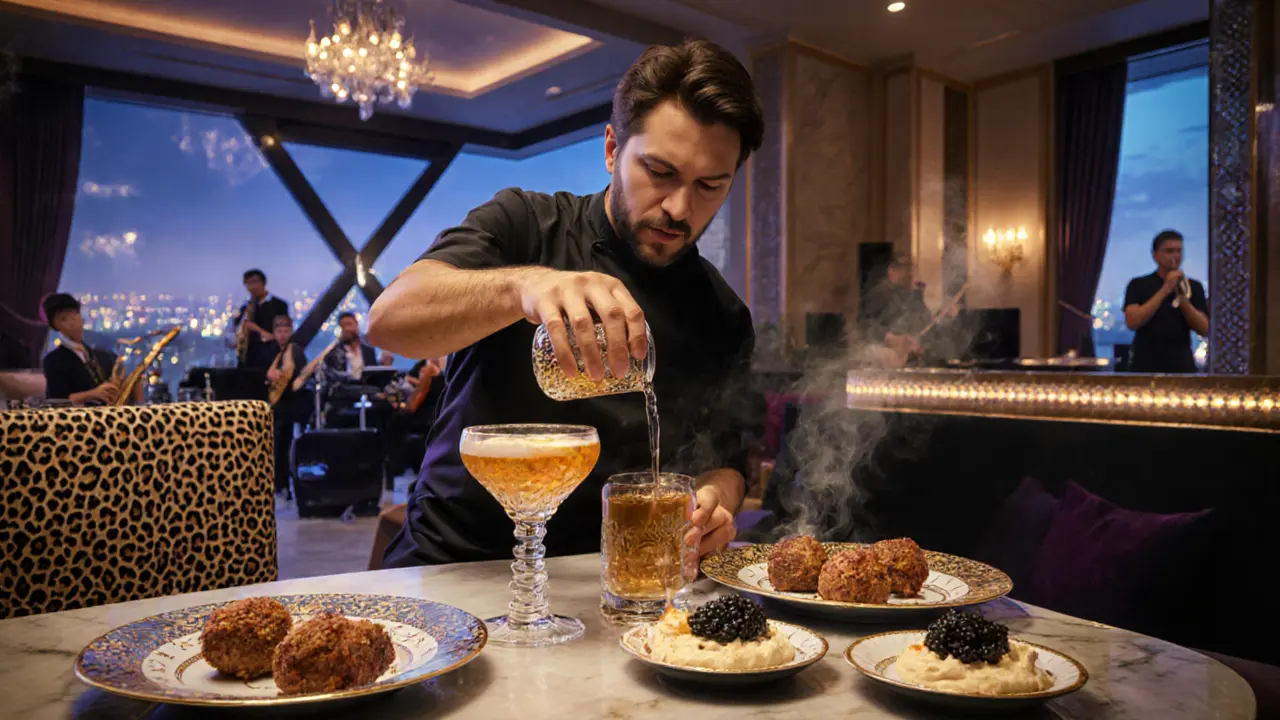 A mixologist serving a golden cocktail in crystal glass, with gourmet small plates and gilded interior details in the background.