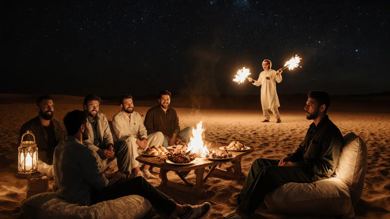 A private desert camp at night with men enjoying grilled food under stars, fire dancer in background.
