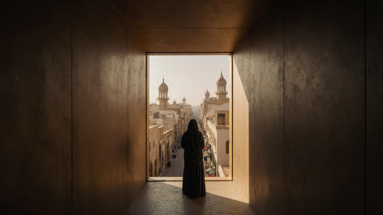 A quiet view from the hidden observation deck inside the Dubai Frame, looking down at historic Al Fahidi neighborhood.