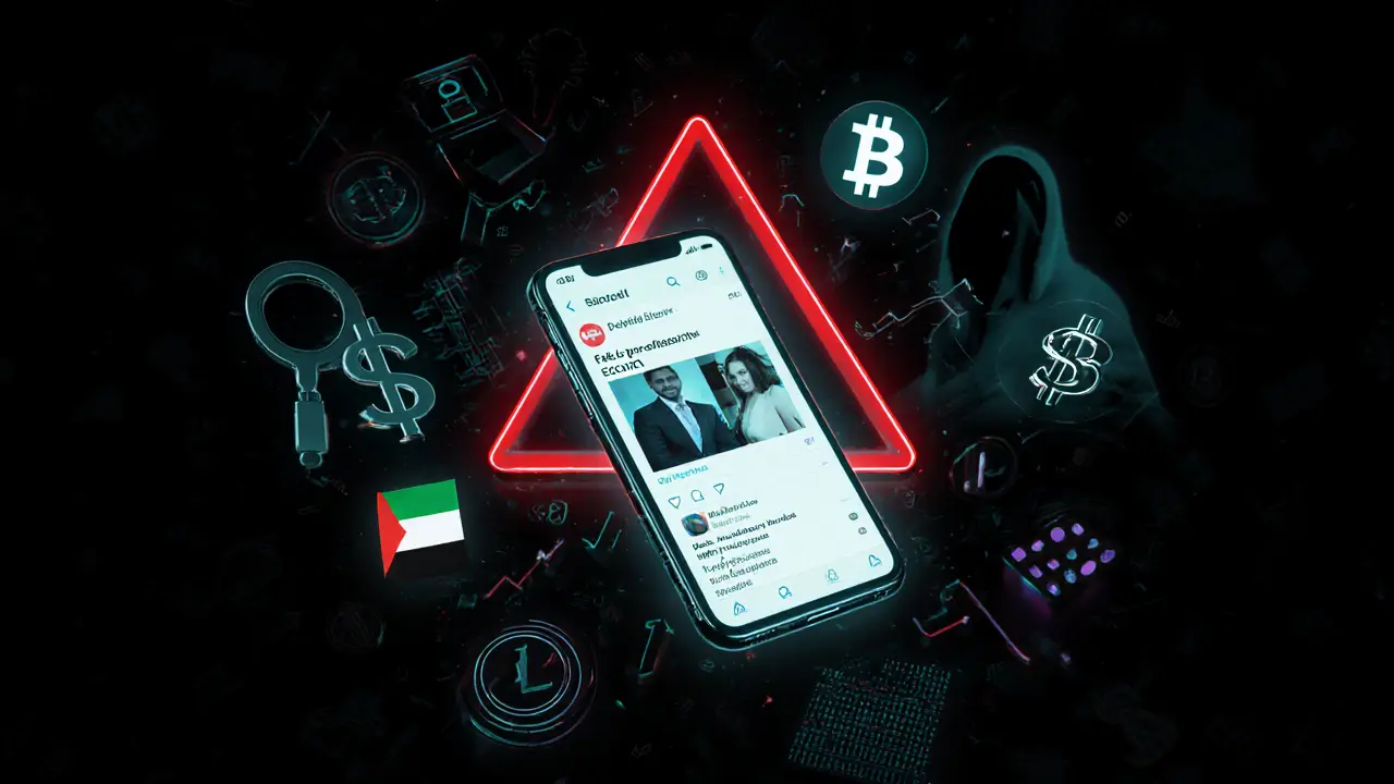 A smartphone displaying fake escort ads with shadowy police and blockchain symbols looming behind, symbolizing digital traps.