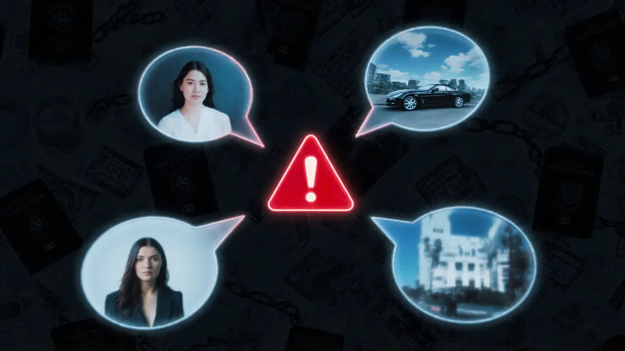 A surreal digital collage of encrypted messages, luxury logos, and warning symbols floating in a noir-style void.