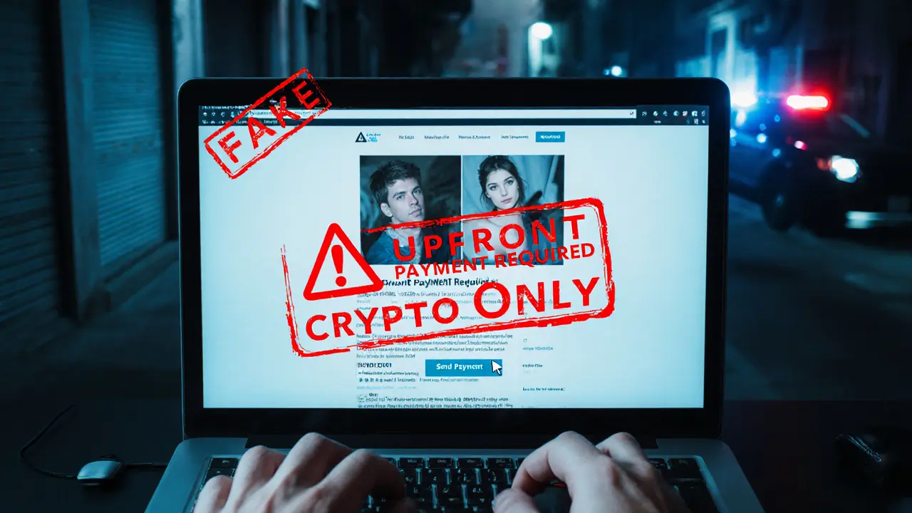 A suspicious online ad demanding crypto payment, with warning symbols and a dark alley reflection, warning of scams.