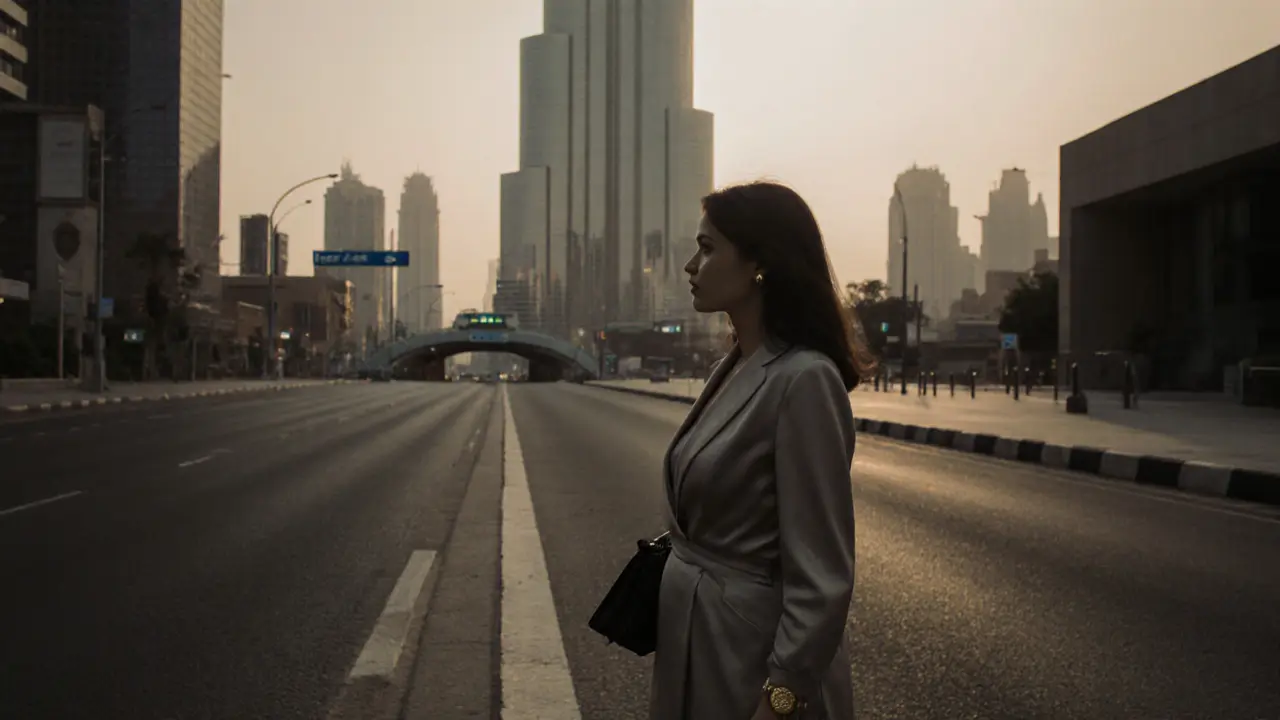 A tired woman in a silk dress walks alone at dawn near Dubai’s skyline, heading toward the metro, her shadow long behind her.