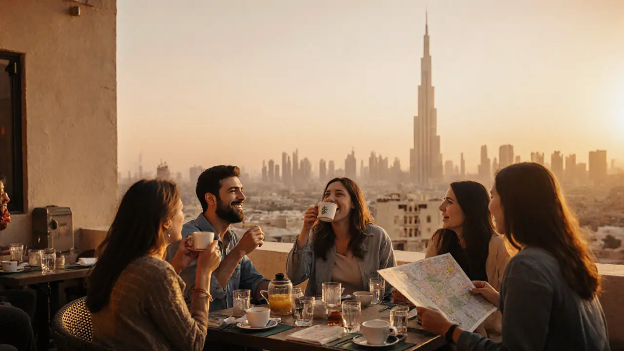 A tourist enjoying Dubai&#039;s sunset from a rooftop café, surrounded by culture and friendly people, representing safe alternatives.