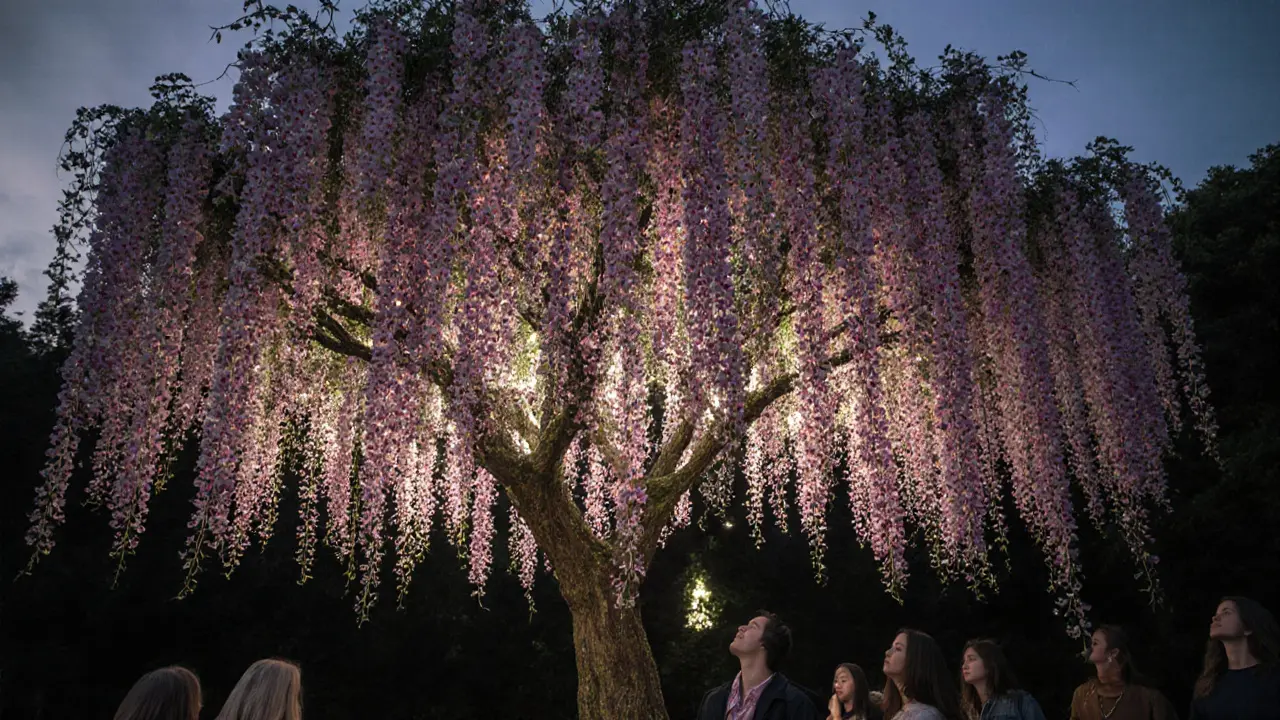 A towering tree made of hanging orchids, with visitors standing beneath it under soft glowing LED lights at twilight.