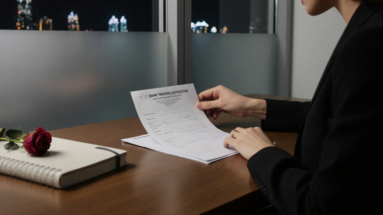 A woman&#039;s hand placing a bank transfer receipt beside a rose on a wooden desk, city lights blurred behind.