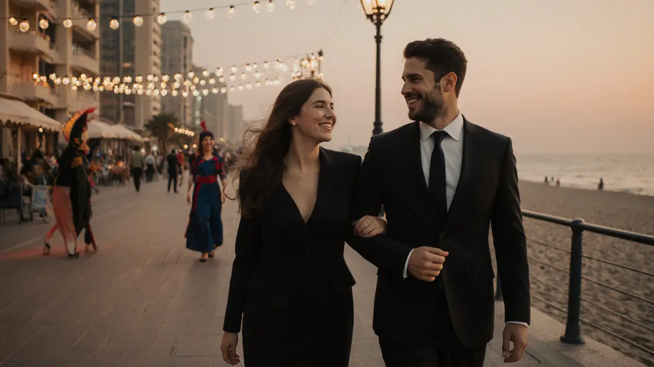 A woman and man walk along Jumeirah Beach at dusk, enjoying a respectful, public companionship without physical intimacy.
