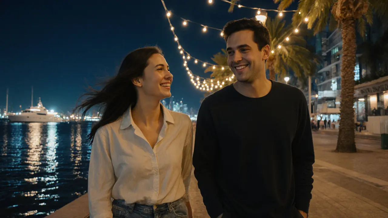 A woman and man walking calmly along Dubai Marina at night, laughing softly under string lights and water reflections.
