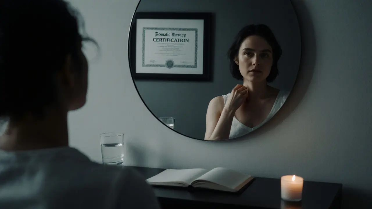 A woman gently touching her collarbone in a quiet bedroom, expression of quiet self-discovery.