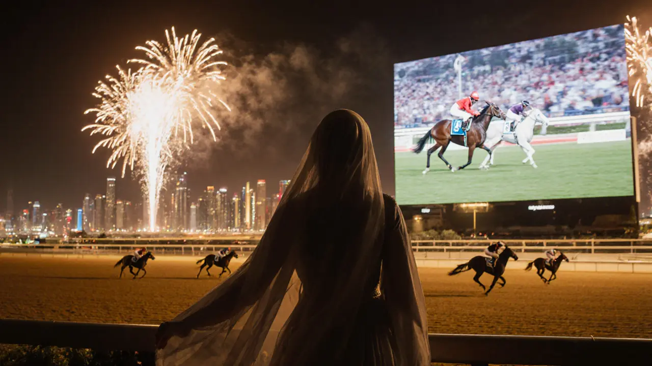 A woman in elegant attire watching horse racing at Dubai World Cup as fireworks light up the Dubai skyline.