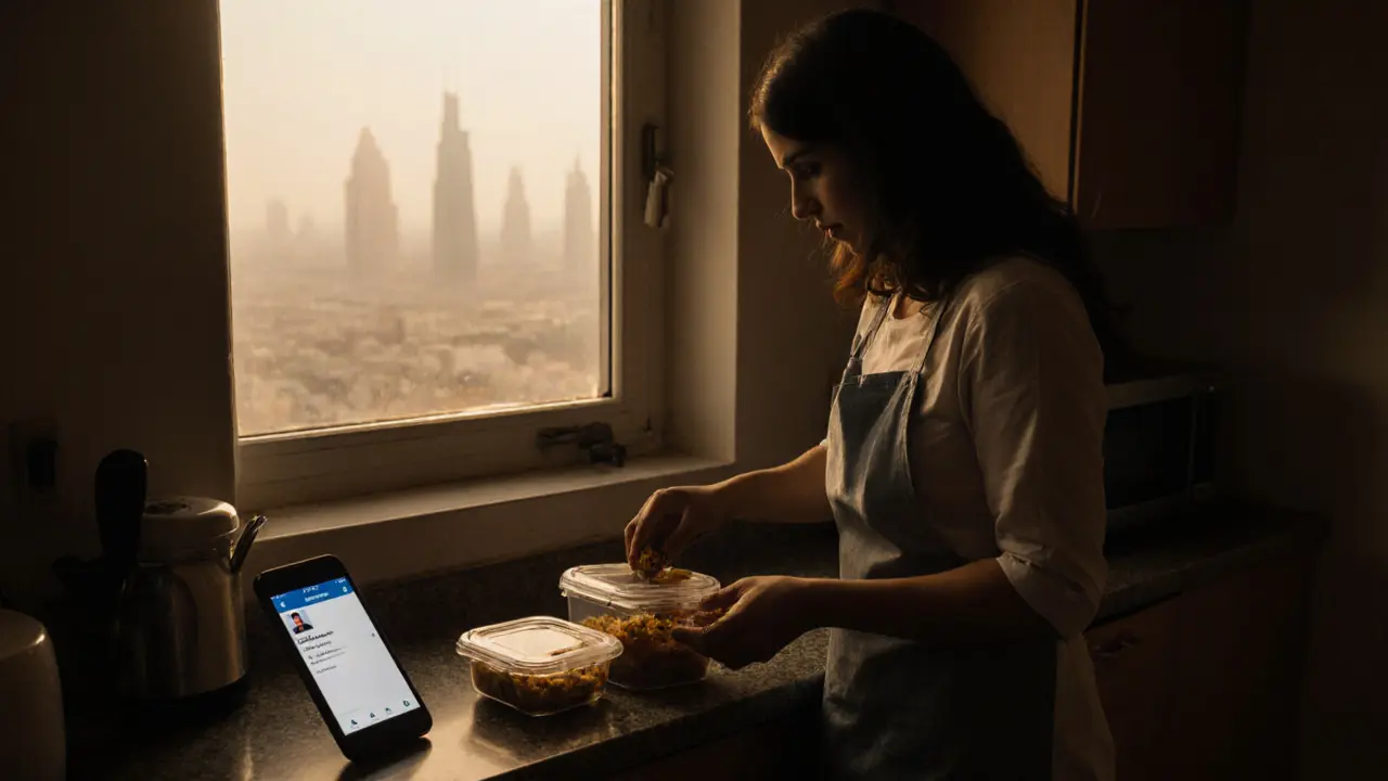 A woman packs food in a quiet kitchen in Sharjah, her face in shadow, with a deleted phone screen on the counter.