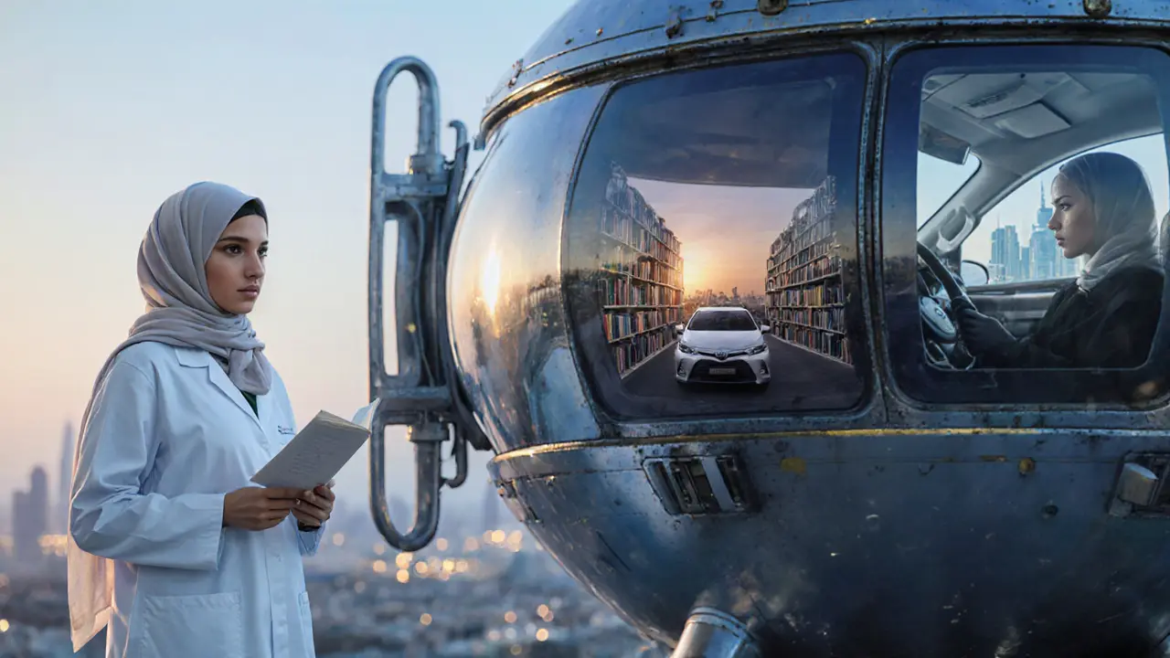 A woman’s reflection shows multiple roles: scientist, student, librarian, driver—symbolizing modern Emirati life in Dubai.