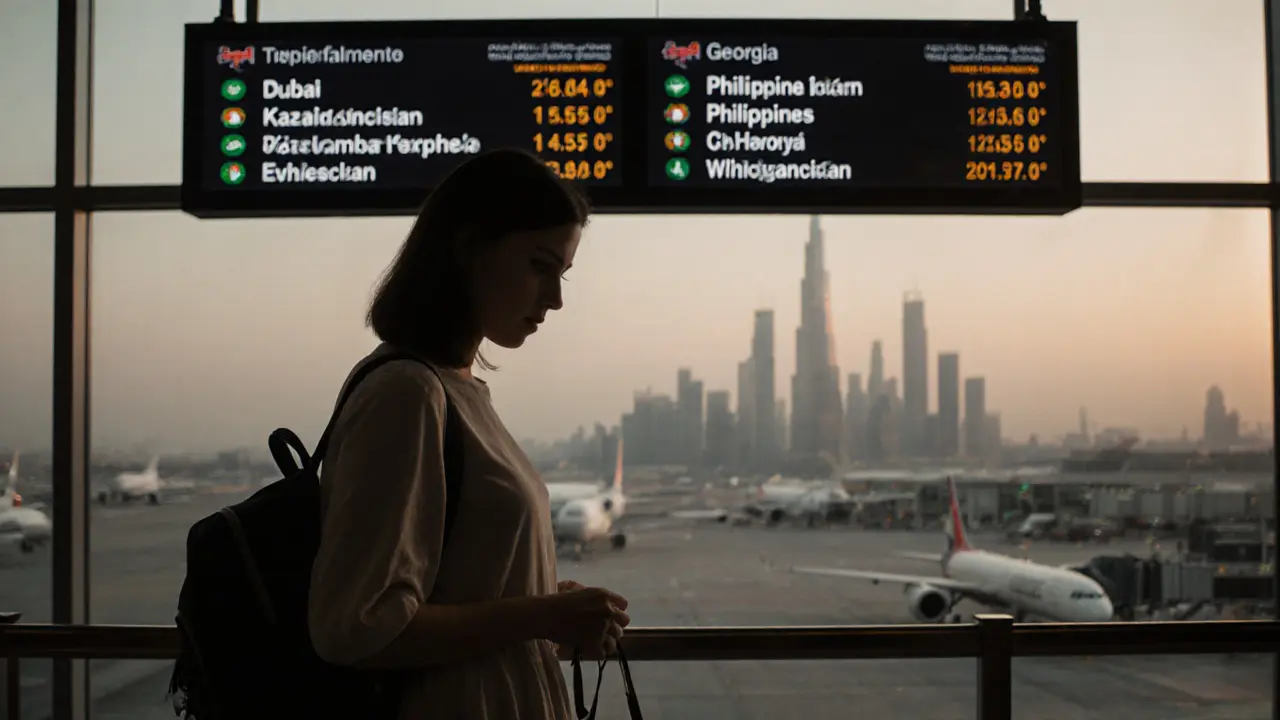 A woman stands alone at an airport gate, facing away, with flights to Georgia and Philippines on screen.