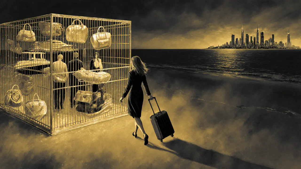 A woman walking away from a golden cage made of luxury symbols, heading toward a distant horizon with a suitcase.