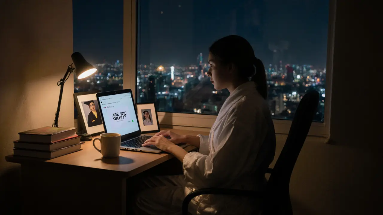 A woman working late at her desk in a modest Dubai apartment, typing a caring message, textbooks and tea beside her.