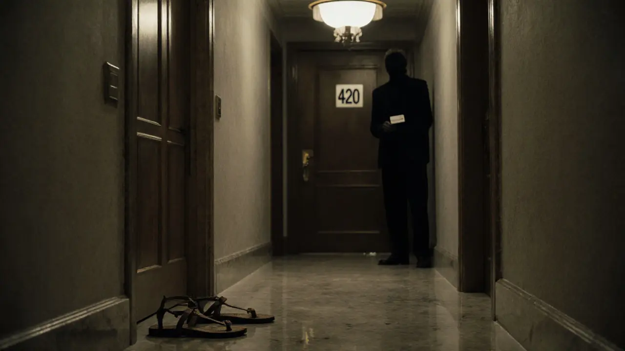 An empty hotel hallway at night with worn sandals by a closed door, shadowy figure inside.