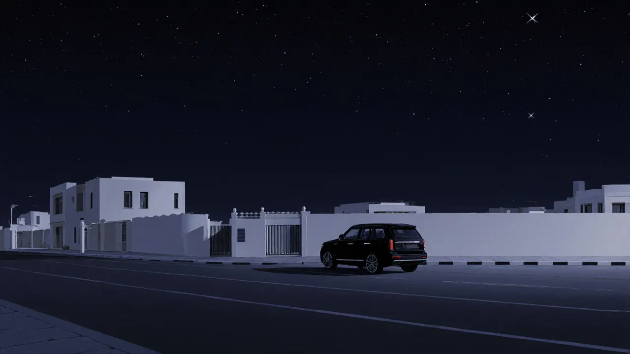 An empty road at night near Al Sufouh, with a discreet black SUV and hidden security gates.