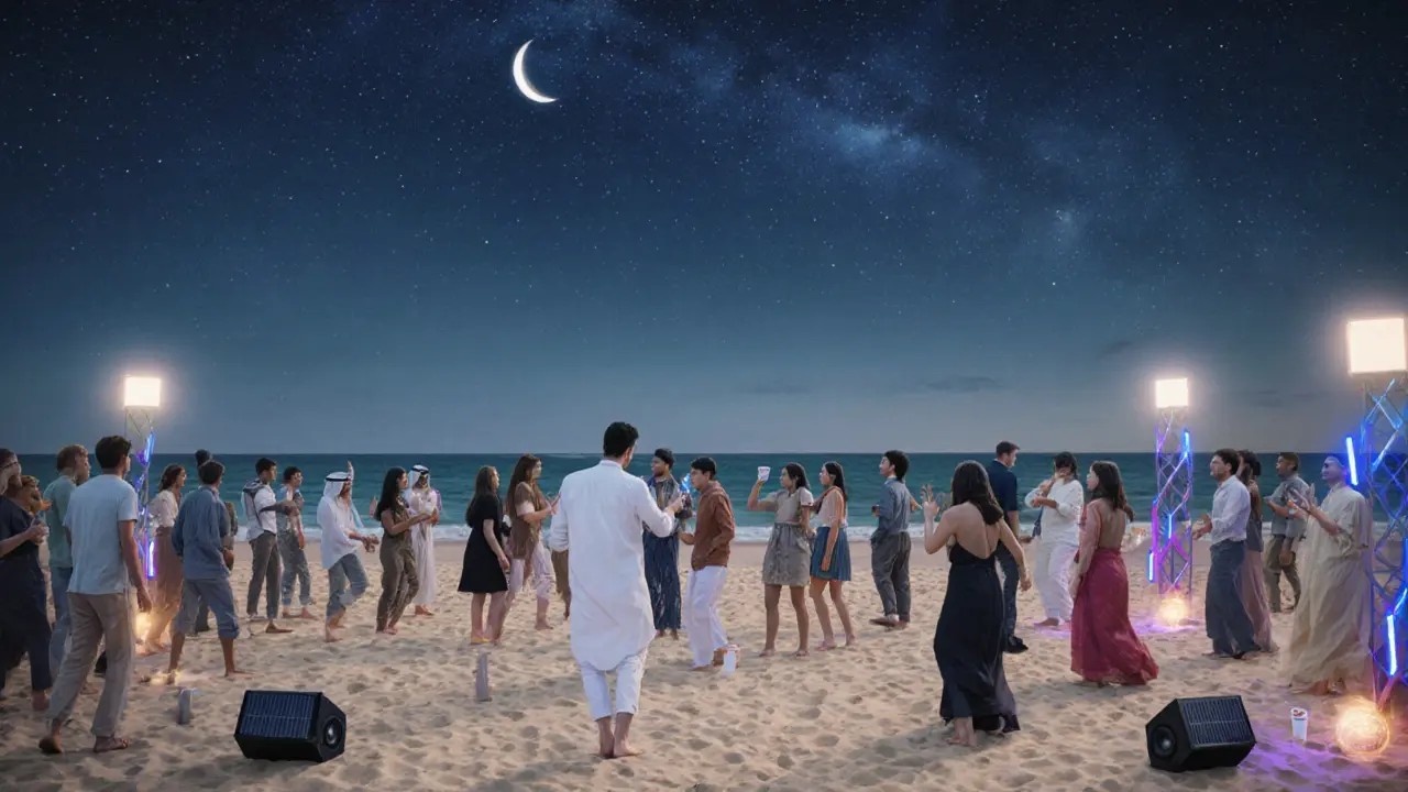 Beach Walk Dubai at night, diverse crowd dancing to a fusion of oud and techno under starry skies.