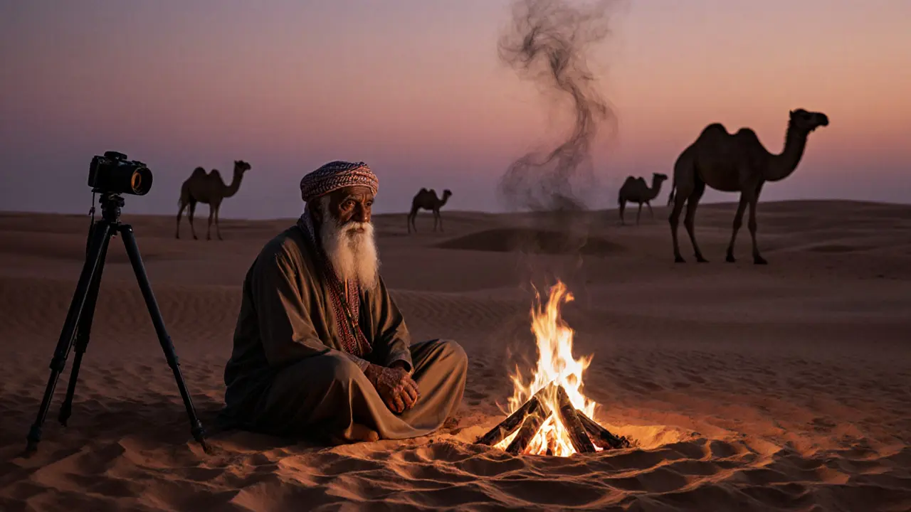 Bedouin elder beside a campfire at dusk, silhouetted against a colorful sky with camels in the distance.