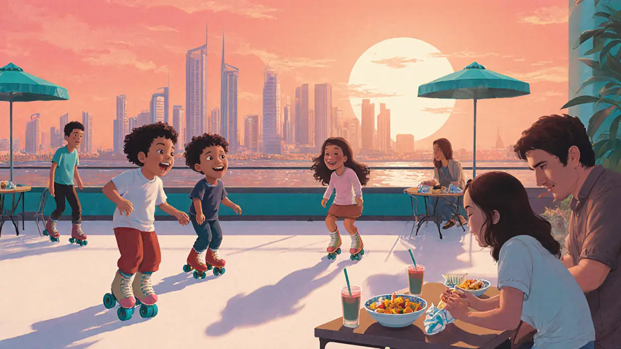 Children skating on a rooftop rink in Dubai Marina while parents dine on healthy meals at sunset.