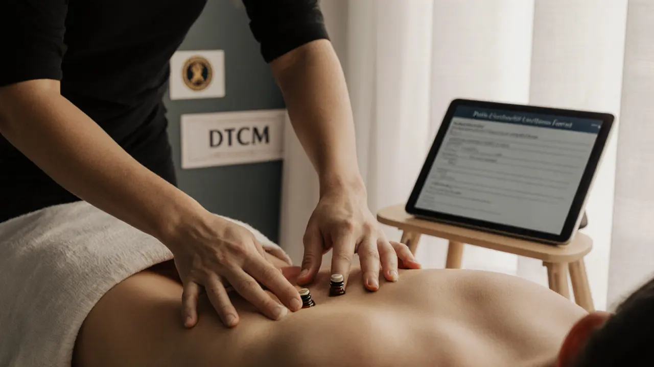 Close-up of hands applying therapeutic pressure during a licensed sensual massage, with DTCM license visible in background.