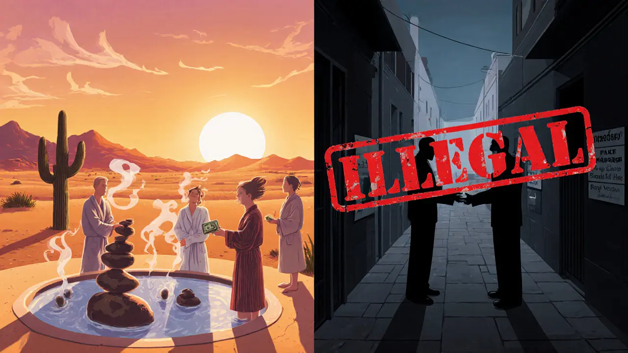 Contrasting image: peaceful legitimate spa on one side, shadowy illegal massage scams on the other.