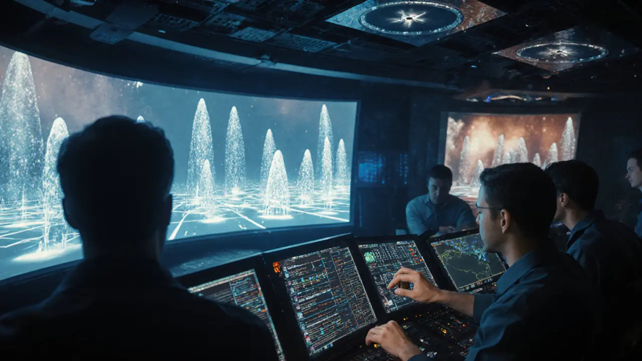 Control room with engineers monitoring synchronized water and light choreography on glowing screens during a fountain show.