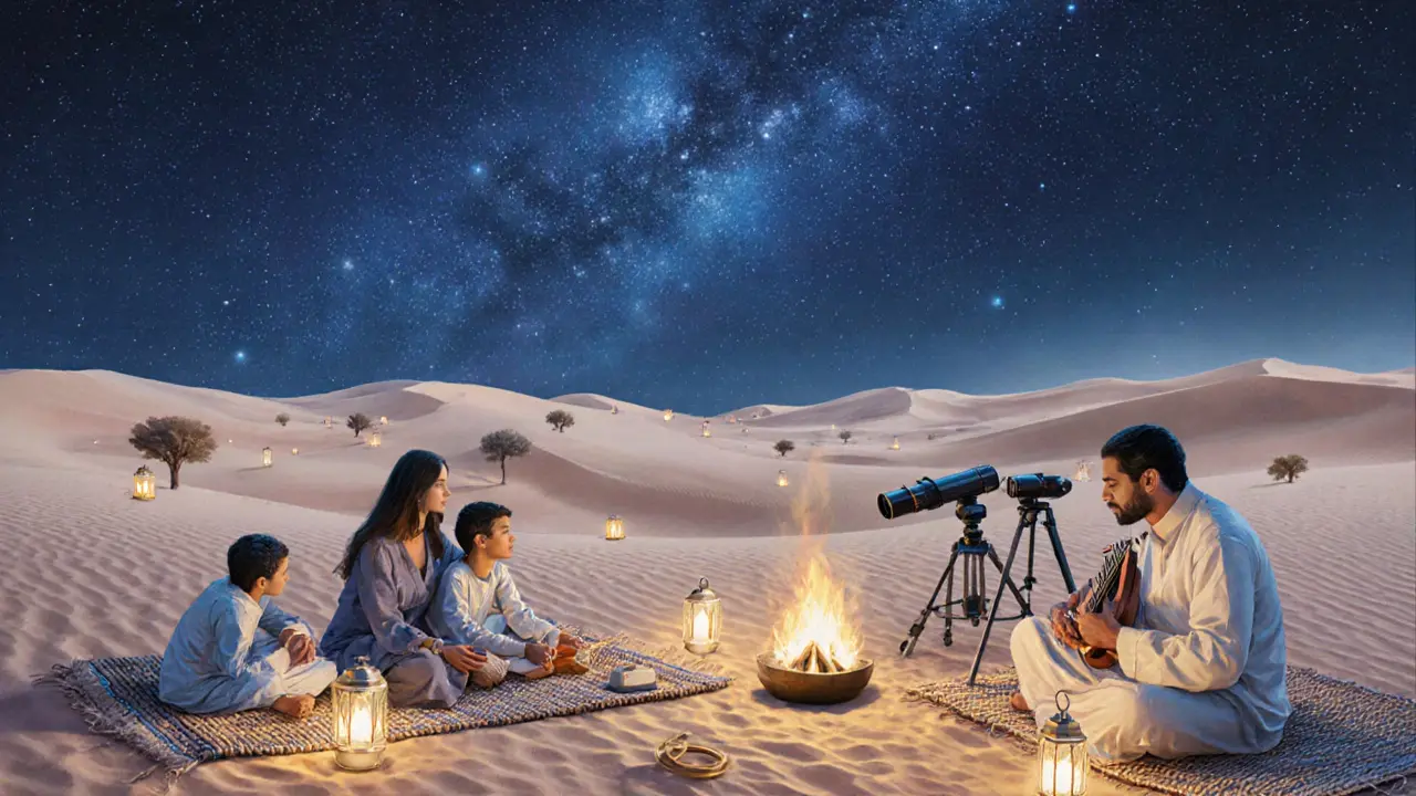 Couples and families enjoying a peaceful desert night under stars with lanterns, a fire pit, and an oud player nearby.