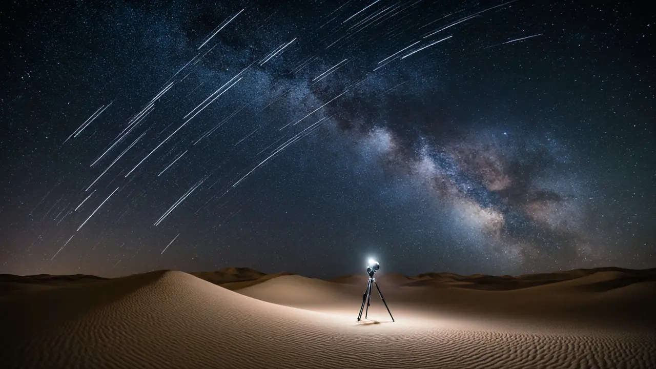 Desert dunes under a starry night sky, long exposure showing the Milky Way above silent sand waves.
