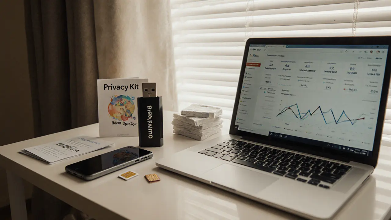 Desk with privacy tools: burner phone, USB drive, and VPN guide, symbolizing digital secrecy in Dubai.