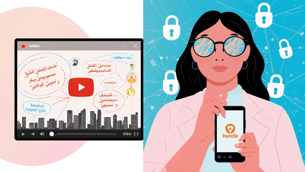 Digital collage of an educational sex education video and a woman using Bumble app in Dubai.