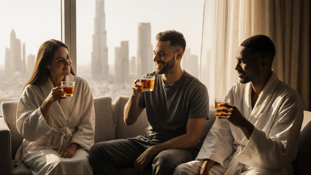 Diverse clients relaxing quietly in a calm lounge after massage sessions, sipping tea with Dubai skyline visible through windows.