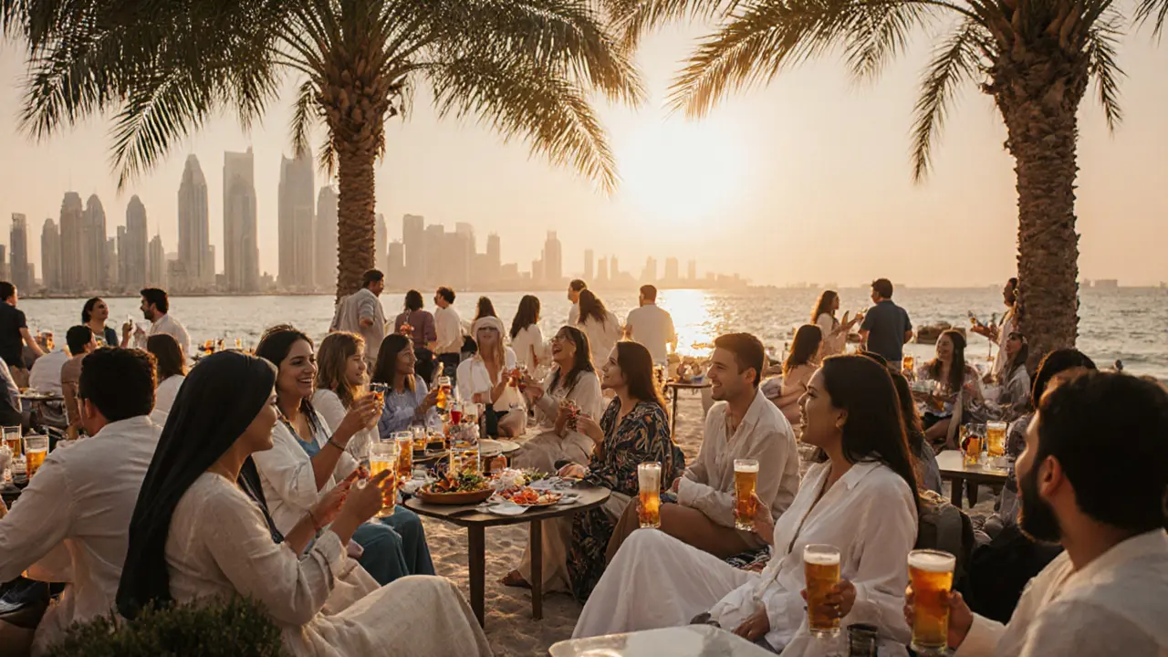 Diverse crowd at Beach House Dubai enjoying seafood and beer under palm trees with the marina skyline in the background.
