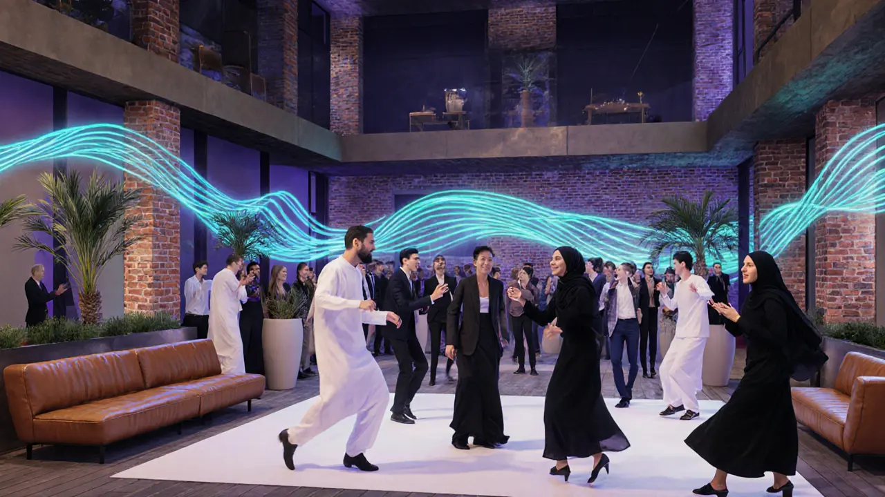 Diverse crowd dancing at Soho Garden under abstract light projections with palm trees and leather couches.