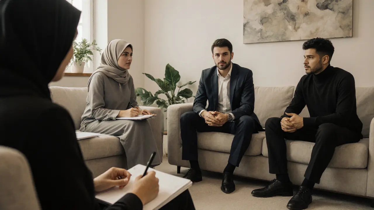Diverse individuals in a Dubai therapy session, listening with empathy in a calm, private room.