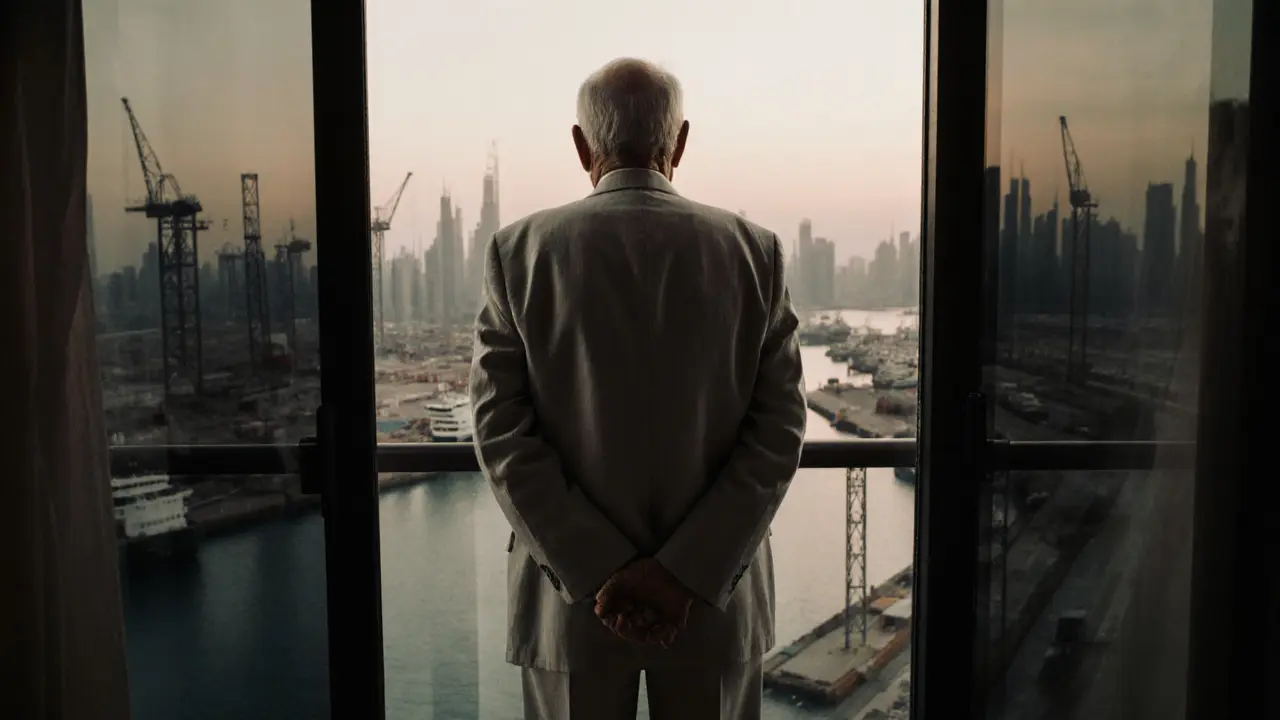 Elderly man on a balcony overlooking Dubai’s port at dusk, calm and reflective.