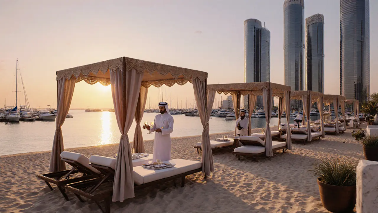 Elegant La Perle Beach at twilight with Bedouin canopies, marble loungers, and servers offering Arabic coffee and champagne.