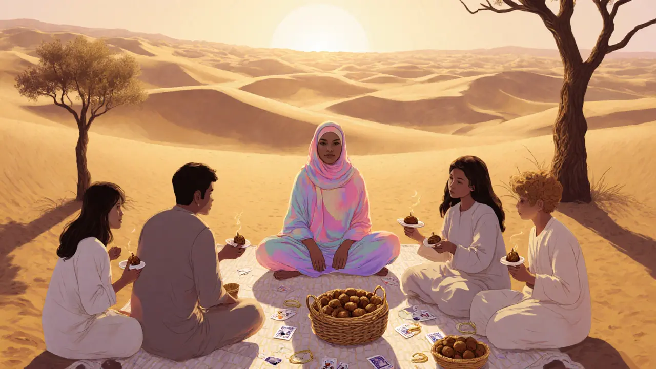 Emirati woman having a quiet family picnic in the desert at sunset, sharing food under ghaf trees.